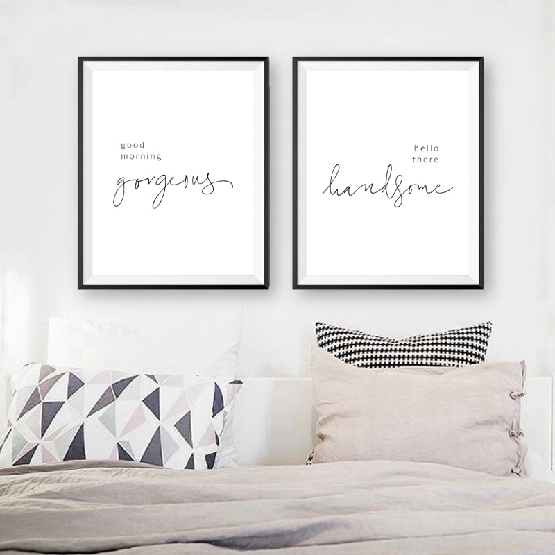 Minimalist Bedroom Quotes Typographic Wall Art Canvas Prints Good Morning Gorgeous Hello There Handsome Black and White Modern Nordic Poster