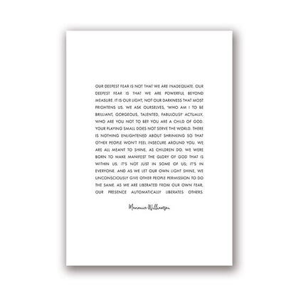 Our Deepest Fear Marianne Williamson Quote Typographic Wall Art Inspirational Motivational Poster Black White Monochrome Fine Art Canvas Minimalist Wall Art Decor
