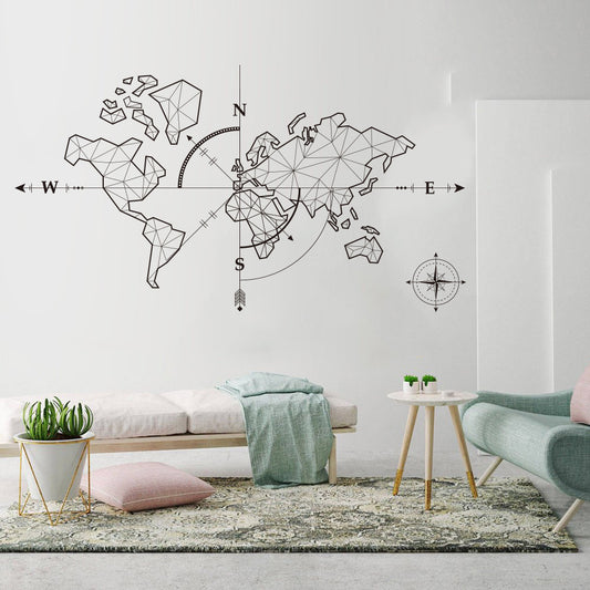 World Map Wall Art Decal Global Explorer Compass World Travel Theme PVC Wall Mural For Office Classroom World Map DIY Vinyl Wall Art Decor