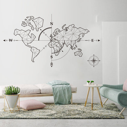 World Map Wall Art Decal Global Explorer Compass World Travel Theme PV ...
