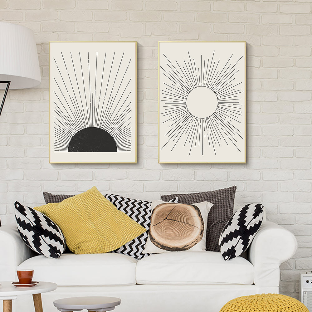 Abstract Sun Rays Wall Art Minimalist Mid Century Vintage Block Print Illustrations Fine Art Canvas Prints Pictures For Living Room Home Office Wall Decor