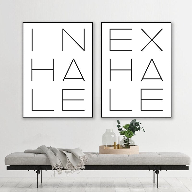 Inhale Exhale Poster Black & White Minimalist Meditation Breathe Wall Art Fine Art Canvas Prints Modern Typographic Wall Decor For Bedroom Yoga Studio Decor