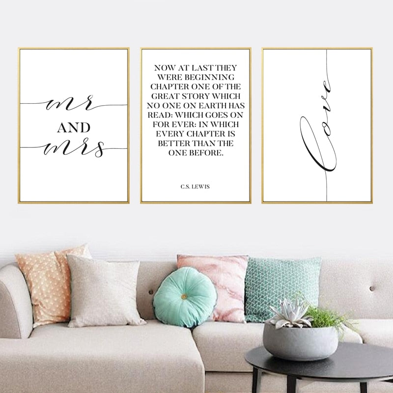 Famous CS Lewis Quote Love Wall Art Fine Art Canvas Prints Black White Typographic Minimalist MR & MRS Posters For Living Room Bedroom Home Interior Decor