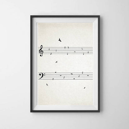 Minimalist Sheet Music Line Art With Birds On Wire Fine Art Canvas Prints Black And White Modern Poster Picture For Music Classroom Unique Gift For Musician