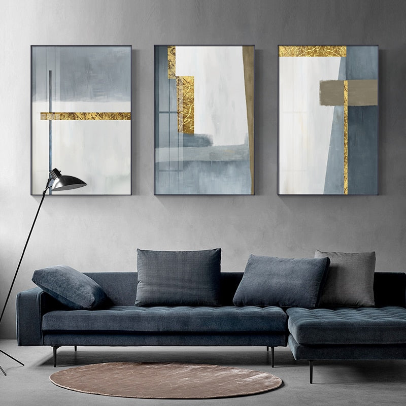 Abstract Modern Nordic Wall Art Gray Blue Golden Fine Art Canvas Prints Pictures For Contemporary Living Room Bedroom Home Office Luxury Interior Decor