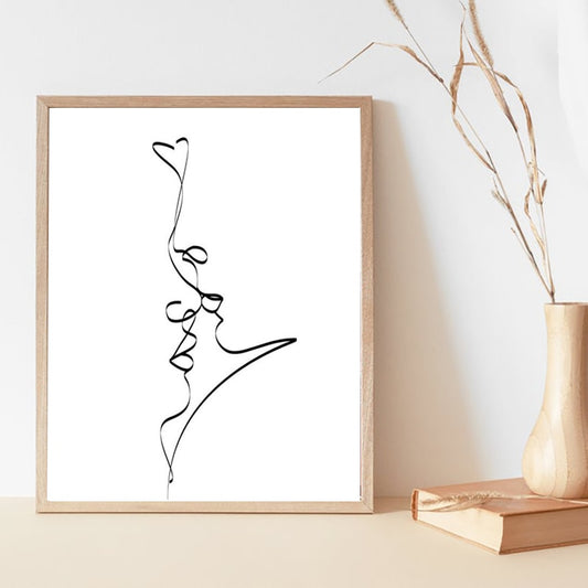 Simple Kiss Abstract Line Art Wall Art Fine Art Canvas Print Black White Minimalist Monochrome Illustration Love Poster For Living Room Bedroom Home Decor