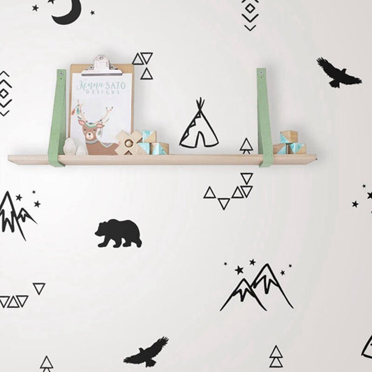 Little Explorer Nordic Wall Decals For Boy's Room Wild Mountain Bear Teepee Adventure Decor Removable PVC Vinyl Wall Stickers For Creative DIY Children's Rooms Decor