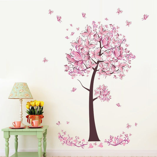 Pink Blossom Butterfly Tree Wall Decal Removable Peel-and-stick PVC Vinyl Wall Mural For Kid's Room Simple Modern Creative DIY Nursery Wall Decoration