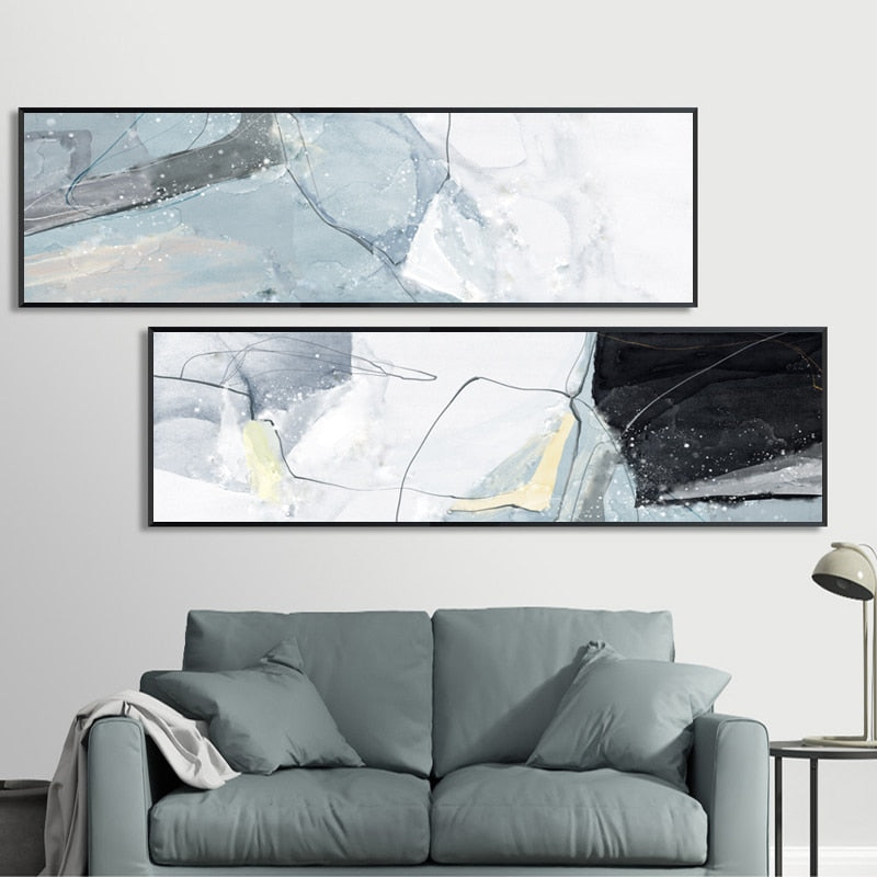 Wide Format Abstract Wall Art Marble Effect Gray Blue Black Fine Art Canvas Prints Pictures For Above Bed Bedroom Decor Modern Painting For Above Sofa