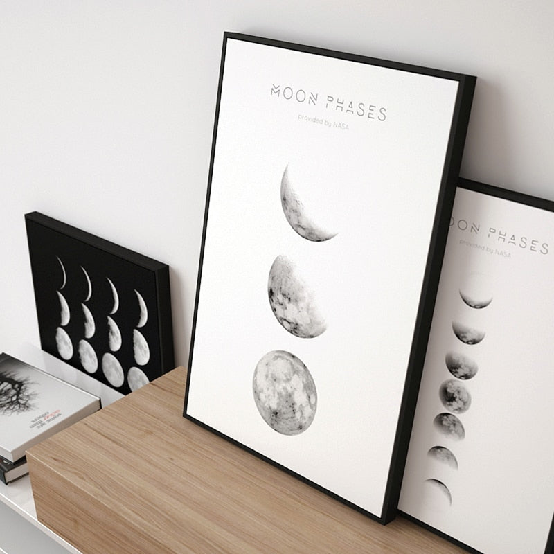 Moon Phases Wall Art Black White Fine Art Canvas Prints Lunar Landscape Minimalist Pictures For Bedroom Living Room Home Office Scandinavian Decor
