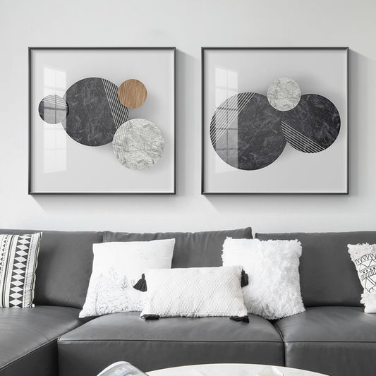 Abstract Geometric Circles Wall Art Natural Elements Marble Wood Texture Effect Fine Art Canvas Prints Pictures For Modern Home Office Interior Decor