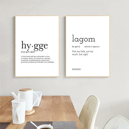 Hygge Lagom Definition Minimalist Nordic Wall Art Black White Fine Art Canvas Prints Swedish Danish Norwegian Lifestyle Quotes Posters For Modern Home Office
