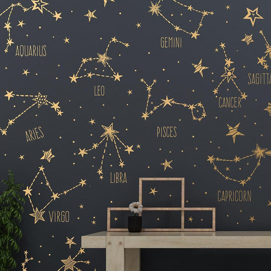Twelve Constellations Wall Decals Zodiac Star Signs Wall Decor Removable Self Adhesive Wall Stickers For Kid's Bedroom Solid Colors Collection Set of 12
