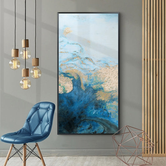 Abstract Shades Of Blue Golden Marble Wall Art Modern Fine Art Canvas Prints Tall Vertical Format Pictures For Modern Loft Apartment Wall Art Decor