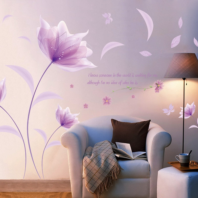 Pretty Purple Flowers Wall Art Decal Removable PVC Wall Mural For Living Room Bedroom Romantic Creative Home Makeover Simple DIY Wall Art Decoration