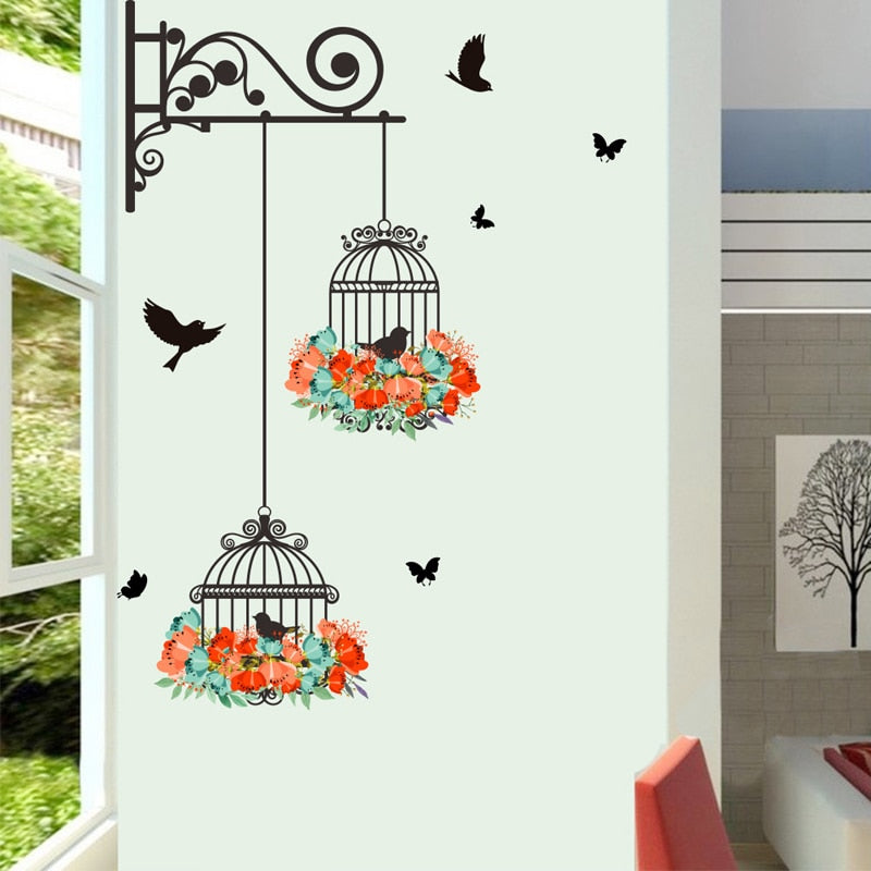 Colorful Floral Birdcage With Flying Birds Wall Decal Removable PVC Wall Mural For Kitchen Living Room Dining Room Creative Simple DIY Wall Art Home Decor