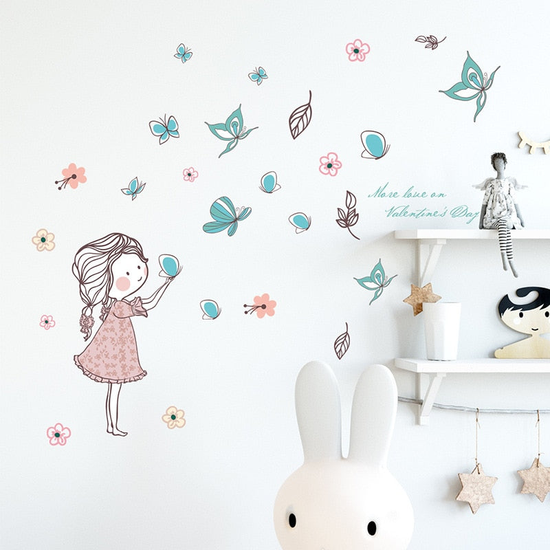 Cute Butterflies Girl's Room Wall Mural Removable PVC Wall Decal For Girls Bedroom Decor Simple Creative DIY Makeover For Nursery Room Decor