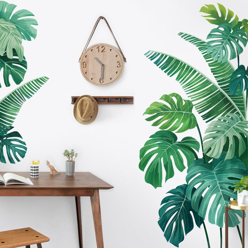 Tropical Green Palm Leaves Wall Decals Removable PVC Wall Sticker Monstera Leaves Banana Palms Botanic Mural For Living Room Bedroom Kitchen Creative DIY Home Decor