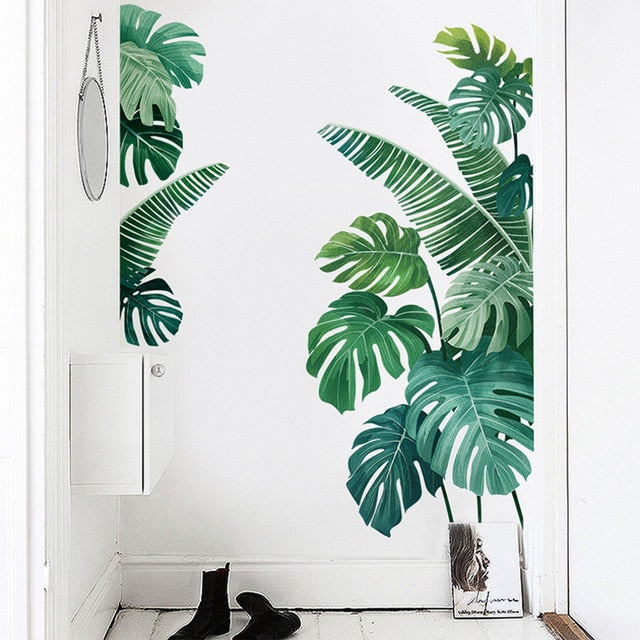 Tropical Green Palm Leaves Wall Decals Removable PVC Wall Sticker Monstera Leaves Banana Palms Botanic Mural For Living Room Bedroom Kitchen Creative DIY Home Decor