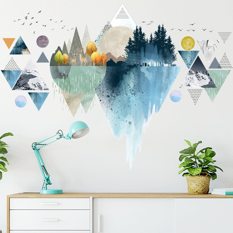 Colorful Abstract Geometric Nordic Mountain PVC Wall Decal Removable Self Adhesive Vinyl Wall Mural For Kitchen Or Kids Room Creative DIY Home Decor