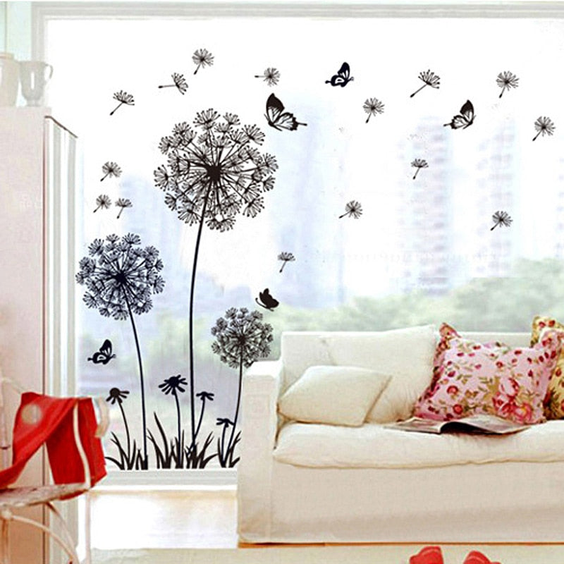 Dandelion Wall Art Mural PVC Sticker For Wall Or Window Black Dandelion Silhouettes Vinyl Decals For Decorating Plain Walls Windows Creative Home Decor