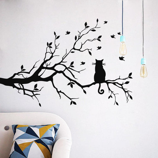 Cat In The Tree Wall Art Mural Cute Removable Peel and Stick PVC Wall Decal Minimalist Silhouette Decor For Living Room Creative DIY Home Decoration