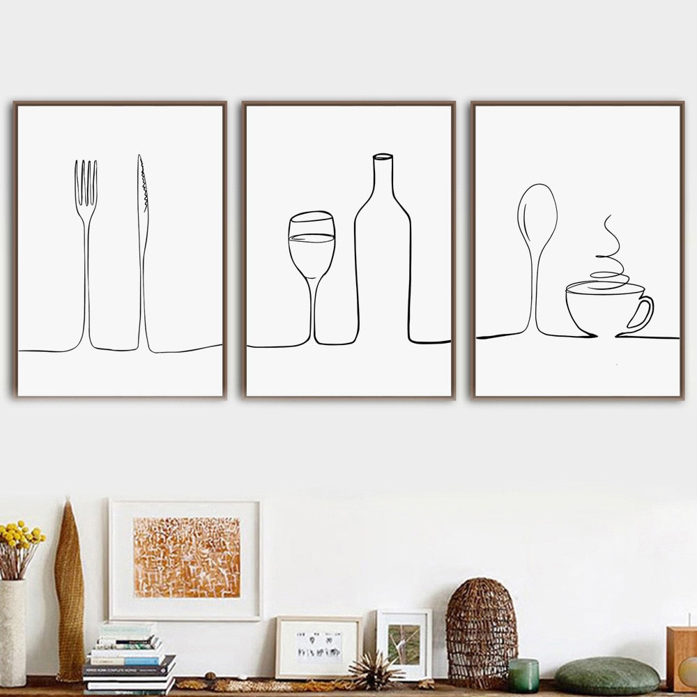 Minimalist Food & Drink Kitchen Wall Art Black White Line Art Canvas Print For Coffee Shop Restaurant Tea Room Cafe Nordic Style Home Interior Decor