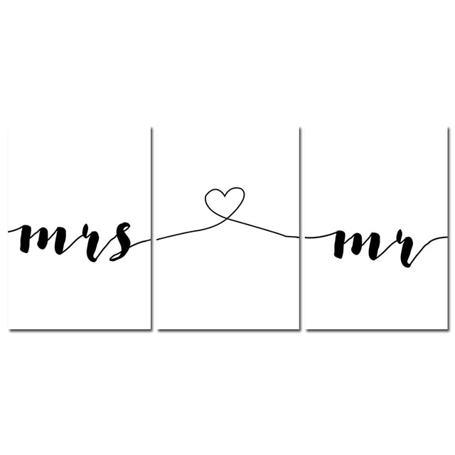 Mr & Mrs Love Heart Wall Art Simple Minimalist Quote Fine Art Canvas Prints Black White Nordic Style Pictures For Living Room Lovers Bedroom Home Decor