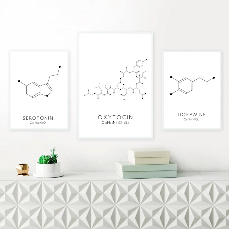 Molecular Biology Happy Hormones Wall Art Fine Art Canvas Prints Black White Minimalist Chemistry Posters For Promoting Happiness Pleasure And Relaxation