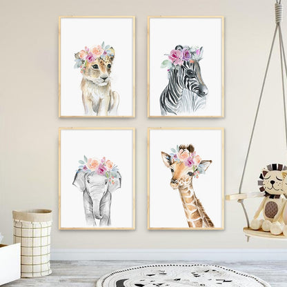 Flower Animals Nursery Wall Art Fine Art Canvas Prints Pictures For Kids Room Baby's Room Zebra Giraffe Elephant Lion Poster For Children's Room Decor