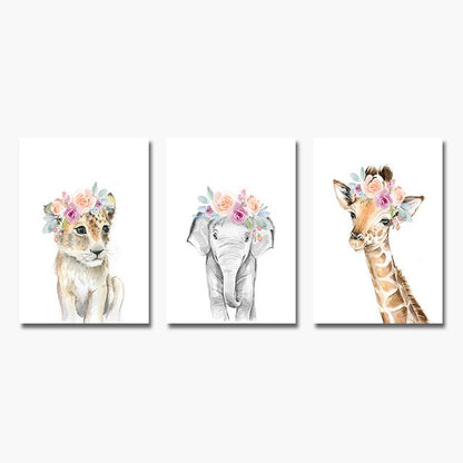 Flower Animals Nursery Wall Art Fine Art Canvas Prints Pictures For Kids Room Baby's Room Zebra Giraffe Elephant Lion Poster For Children's Room Decor