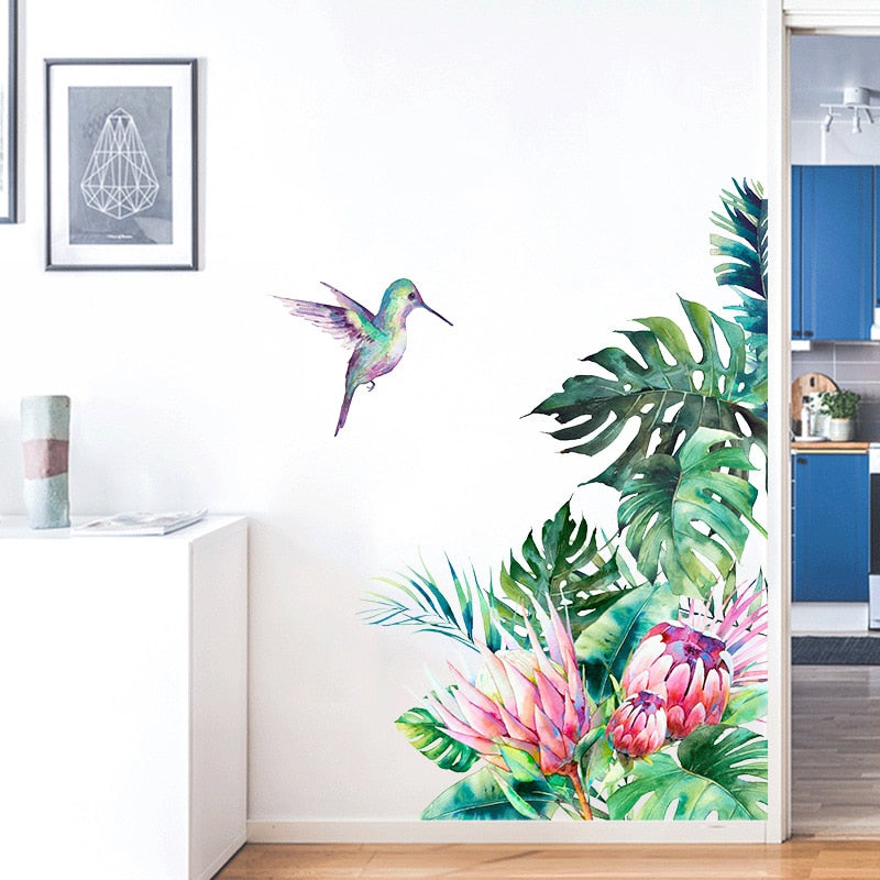 Tropical Botanical Flowers and Hummingbird Wall Art Mural Removable Peel & Stick Vinyl Wall Decal For Living Room Kitchen Wall Creative DIY Decor