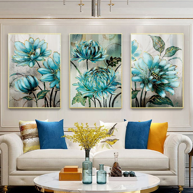 Blue Flowers Bathed In Sunshine Modern Wall Art Floral Pictures Fine Art Canvas Prints For Living Room Bedroom Hotel Room Modern Home Interior Decor