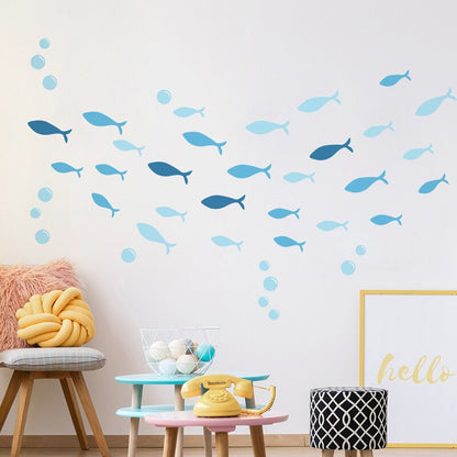 Blue Freedom Fishes Vinyl Wall Decal Removable Waterproof PVC Stickers For Bathroom Decor Shades Of Blue Ocean Fish Creative DIY Decor