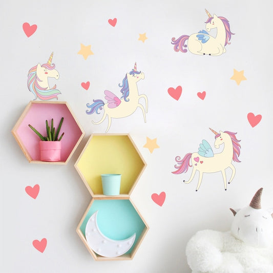 Unicorns And Love Hearts PVC Wall Decals Removable Wall Stickers Creative Nordic Style Colorful DIY Home Decor For Nursery Kindergarten Classroom Kids Room Decor