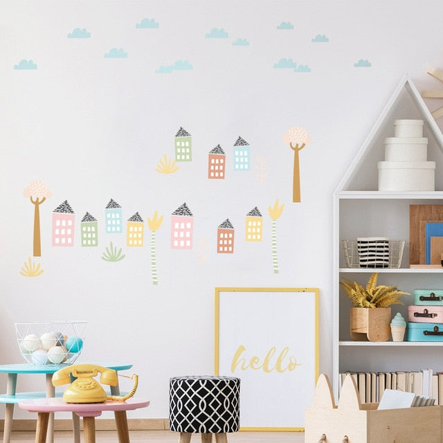 Pastel Street Houses PVC Wall Decals Removable Wall Stickers Creative Nordic Style Colorful DIY Home Decor For Nursery Kindergarten Classroom Kids Room Decor