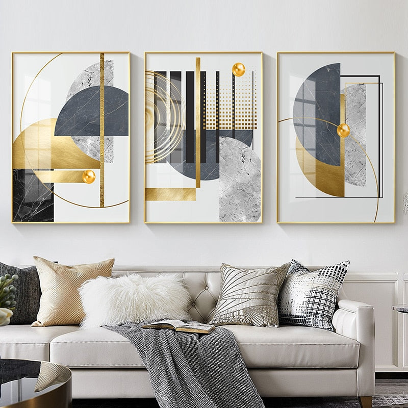 Set of 3Pcs Modern Abstract Golden Geometric Wall Art Fine Art Canvas Prints Contemporary Nordic Style Pictures For Living Room Dining Room Home Office Decor