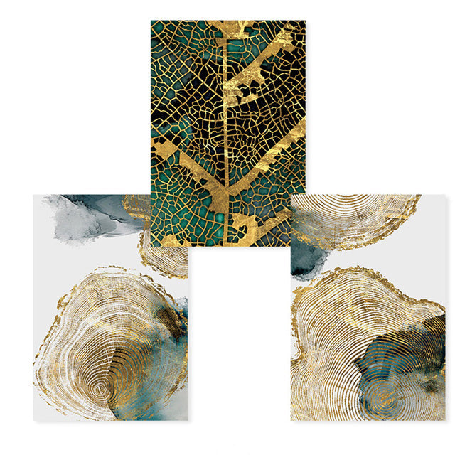 Golden Tree Of Life Wall Art Leaf Veins Wood Rings Nordic Abstract Botanic Organic Nature Fine Art Canvas Prints For Modern Living Room Home Decor