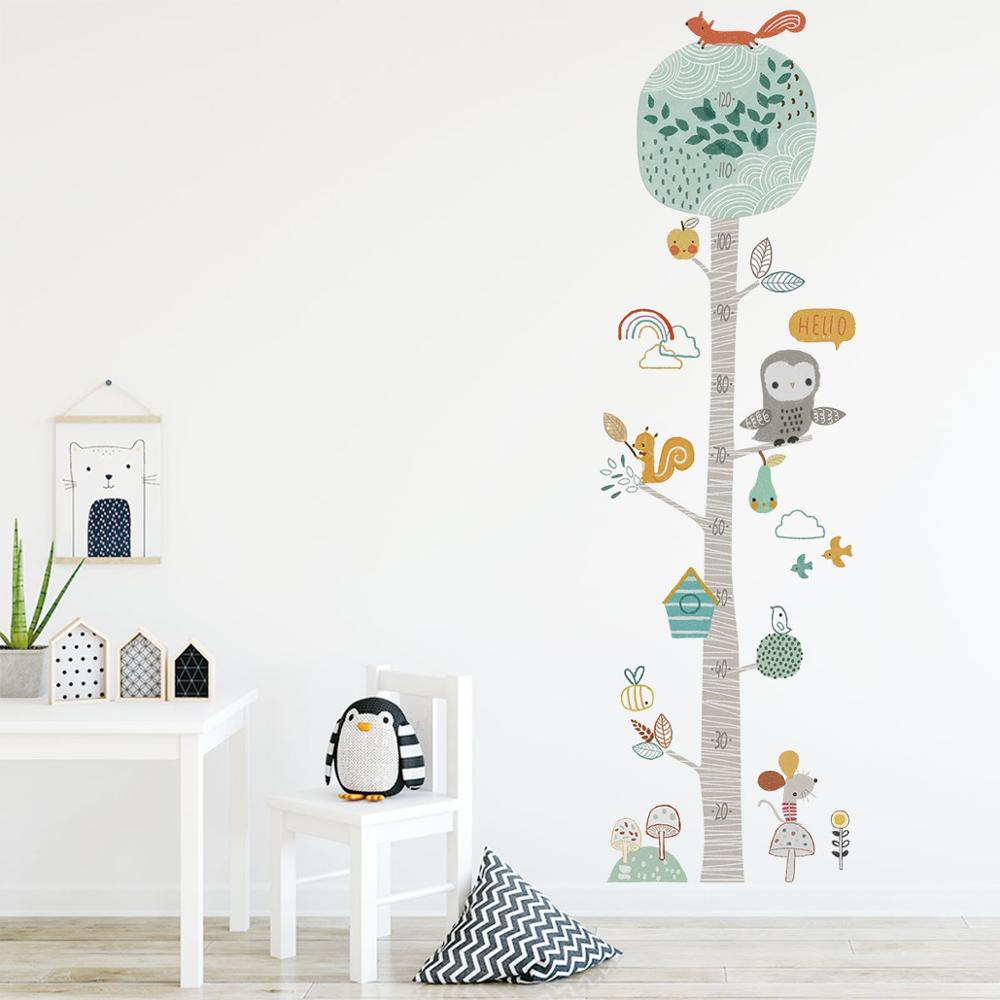 Woodland Animals Wall Murals Tree Height Measurement Wall Decal For Children's Room Removable Pastel Color PVC Decals Creative DIY Kids Decor