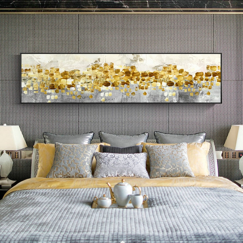 Golden Coins On The Horizon Panoramic Wall Art Modern Abstract Fine Art Canvas Print Auspicious Wide Format Picture For Living Room Above The Sofa Decor