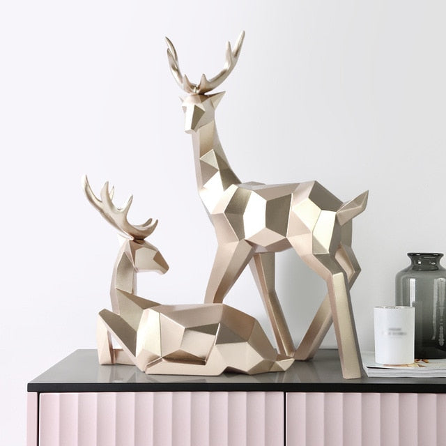 Abstract Geometric Golden Reindeer Sculptures Majestic Nordic Deer Statues For Tabletop Decoration Nordic Style Living Room In White Black Gold Blue Set Of Two