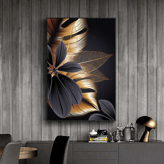 Luxury Black Golden Leaf Wall Art Fine Art Canvas Prints Modern Abstract Tropical Botanical Upscale Pictures For Living Room Loft Apartment Home Office Decor