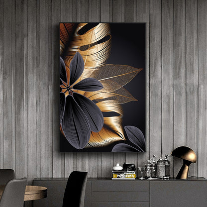 Luxury Black Golden Leaf Wall Art Fine Art Canvas Prints Modern Abstract Tropical Botanical Upscale Pictures For Living Room Loft Apartment Home Office Decor