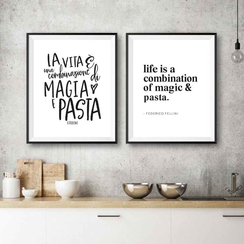 Magic And Pasta Italian Lifestyle Kitchen Food Fellini Quote Wall Art Fine Art Canvas Print Modern Mininalist Typographic Wall Art For Foodies Kitchen Wall Art Decor