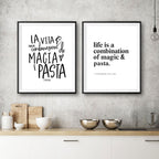 Magic And Pasta Italian Lifestyle Kitchen Food Fellini Quote Wall Art Fine Art Canvas Print Modern Mininalist Typographic Wall Art For Foodies Kitchen Wall Art Decor