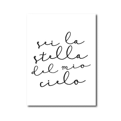 Sei La Stella Del Mio Cielo Italian Love Quote Wall Art Fine Art Canvas Print Black And White Minimalist Poster Gift For Fiance Bedroom Wall Art Decor