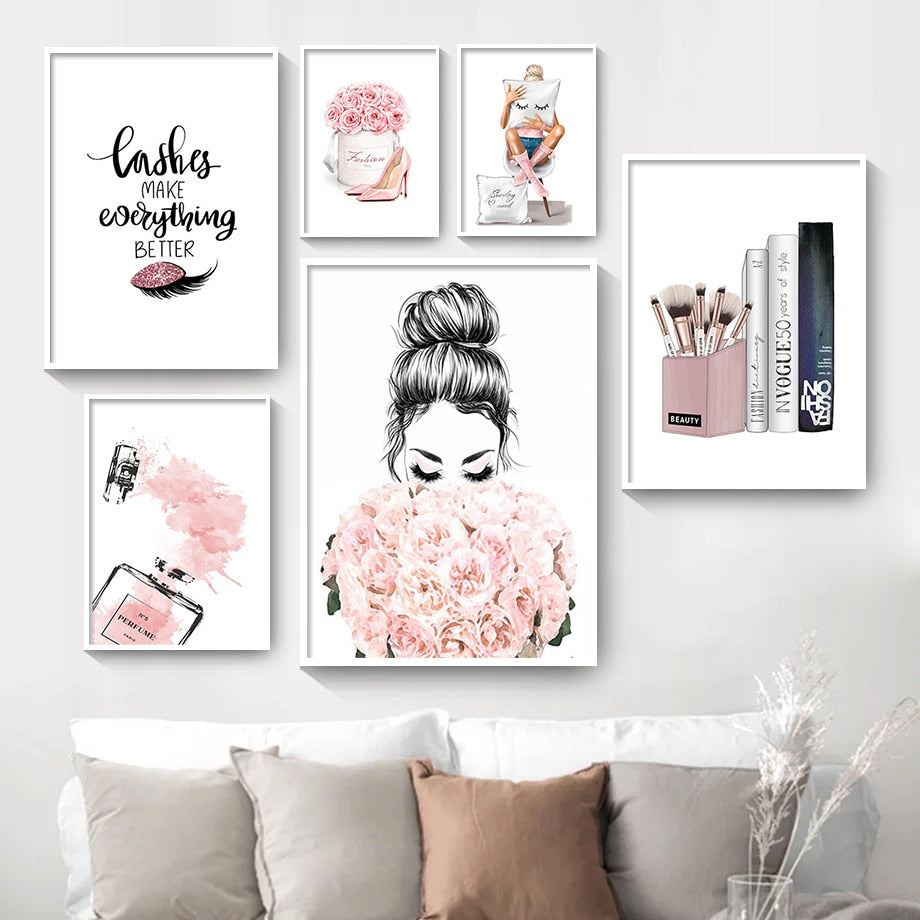Pink Flower Perfume Fashion Poster Woman Makeup Lipstick Book