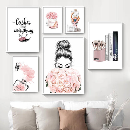 Pink Glamour Fashion Wall Art Fine Art Canvas Prints Perfume Flowers Lashes Heels Modern Minimalist Pictures For Beauty Salon Girls Bedroom Art Decor