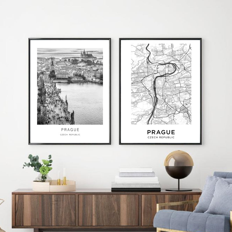 Prague City Map Wall Art Black White Minimalist European Czech Republic Travel Pictures For Living Room Dining Room Home Office Nordic Wall Art Decor