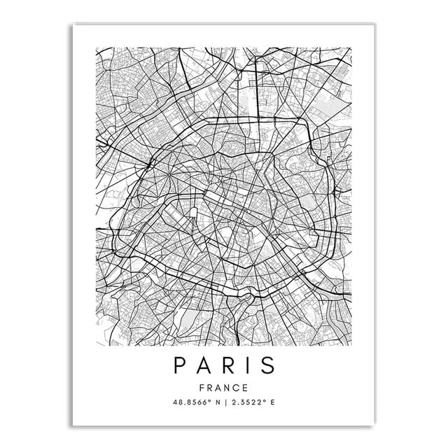 London Paris New York City Map Wall Art Fine Art Canvas Print CUSTOM City Map Picture Minimalist Black White Nordic Style Home Office Interior Decor